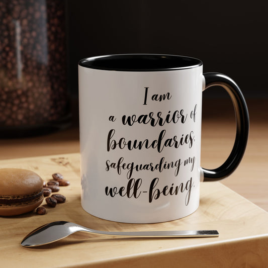 I Am a Warrior of Boundaries Coffee Mug | Empowering Ceramic Mug with Black Accents (11oz, 15oz)